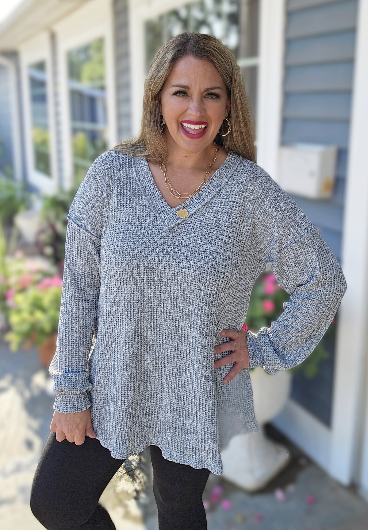 GREY LOOSE KNIT V NECK OVERSIZED LONG SLEEVE LIGHT SWEATER