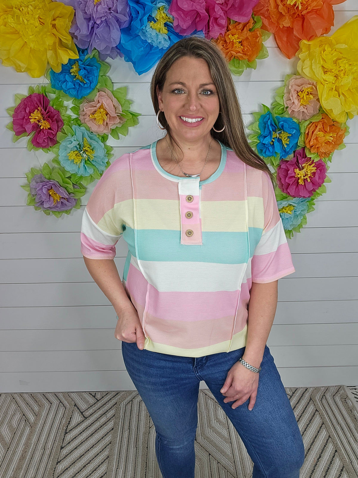 MULTI STRIPED WAFFLE TEXTURE BUTTON TOP