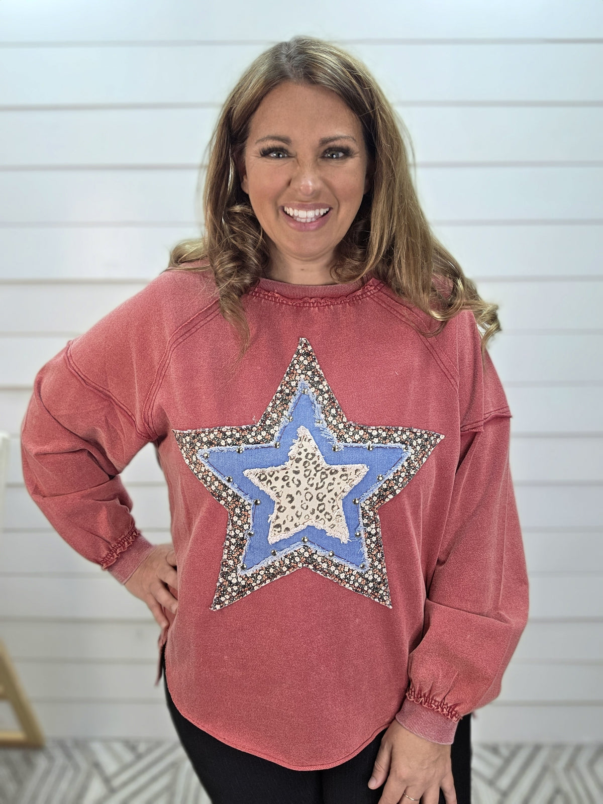 RED MINERAL WASH PATCHWORK STAR FRENCH TERRY TOP
