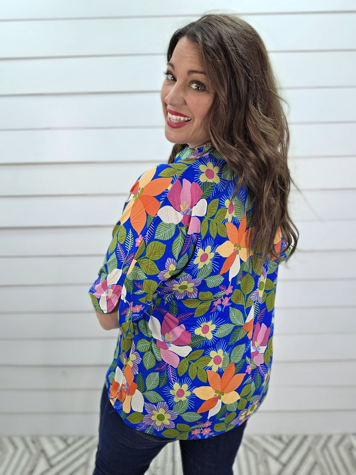 DEAR SCARLETT BREEZE SPLIT SLEEVE TOP - ROYAL BLUE MULTI COLOR PRINTED