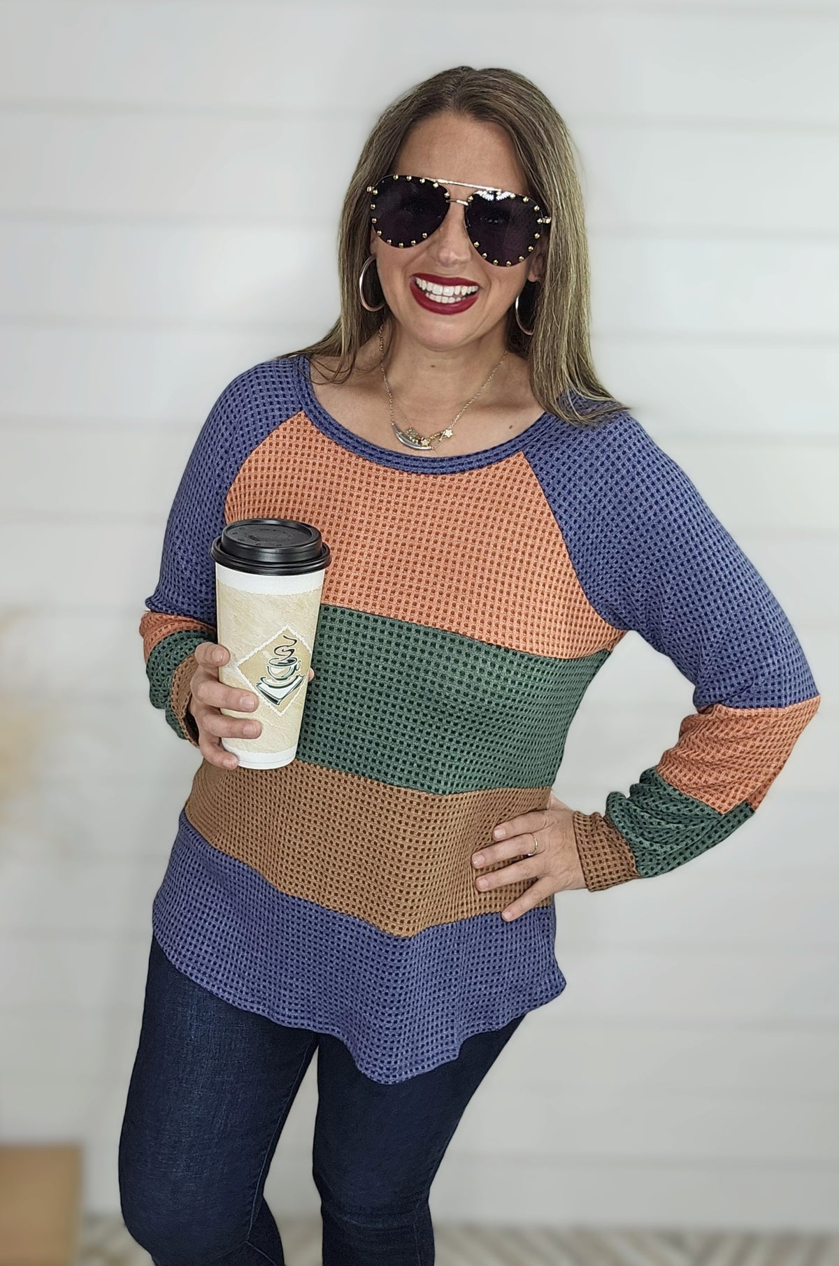 TEAL WAFFLE TEXTURE COLORBLOCK TOP