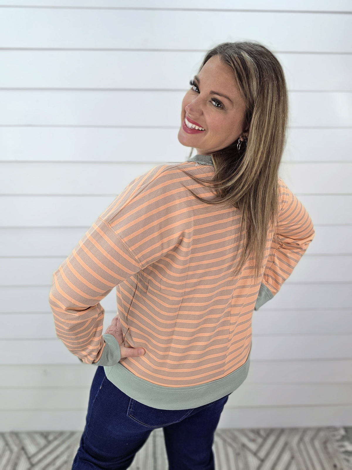 ORANGE/SAGE STRIPED COLORBLOCK CONTRAST FRENCH TERRY TOP