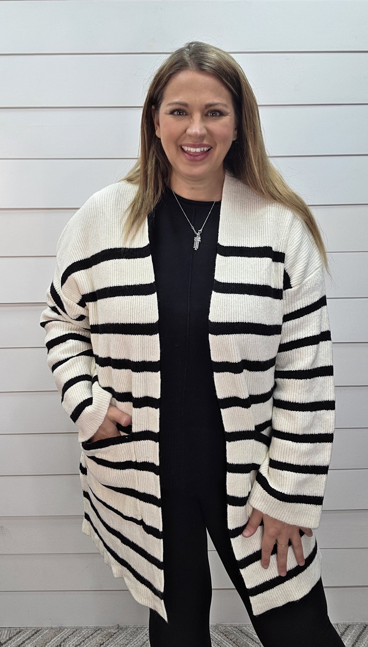 CREAM/BLACK STRIPED LONG OVERSIZED CARDIGAN W/ POCKETS