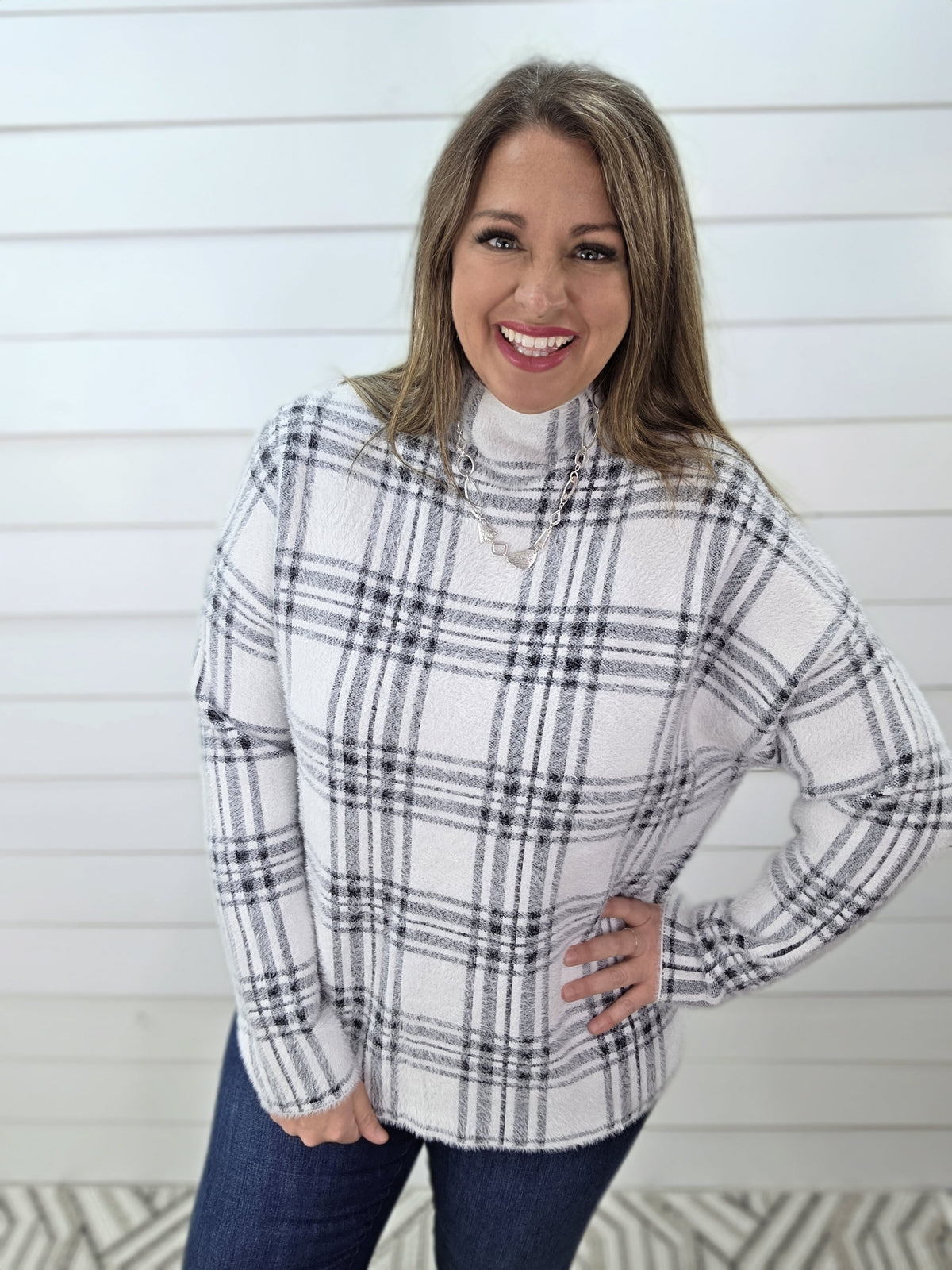 OFF WHITE/BLACK MOCK NECK FUZZY SOFT PLAID CHECK SWEATER