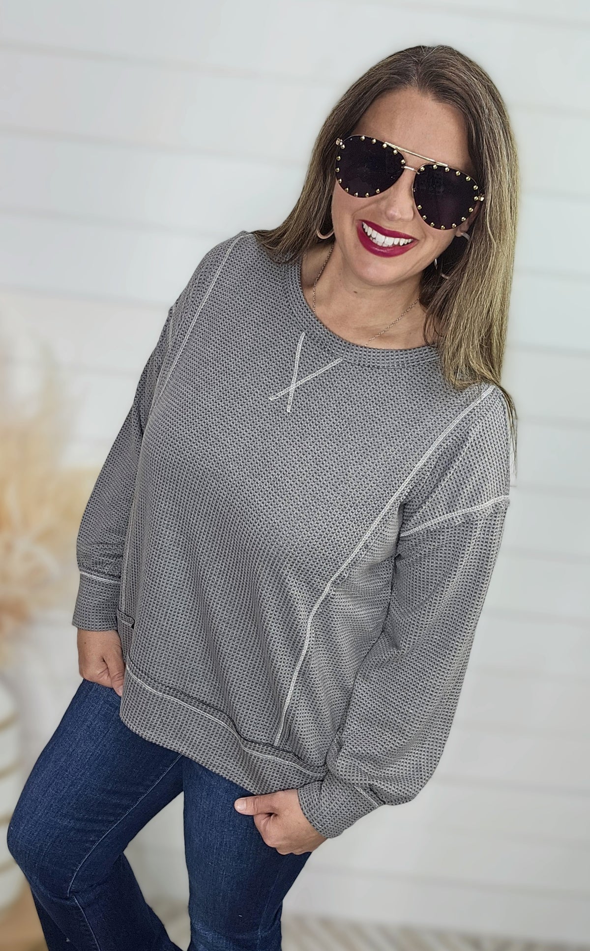 CHARCOAL WAFFLE TEXTURE LONG SLEEVE TOP