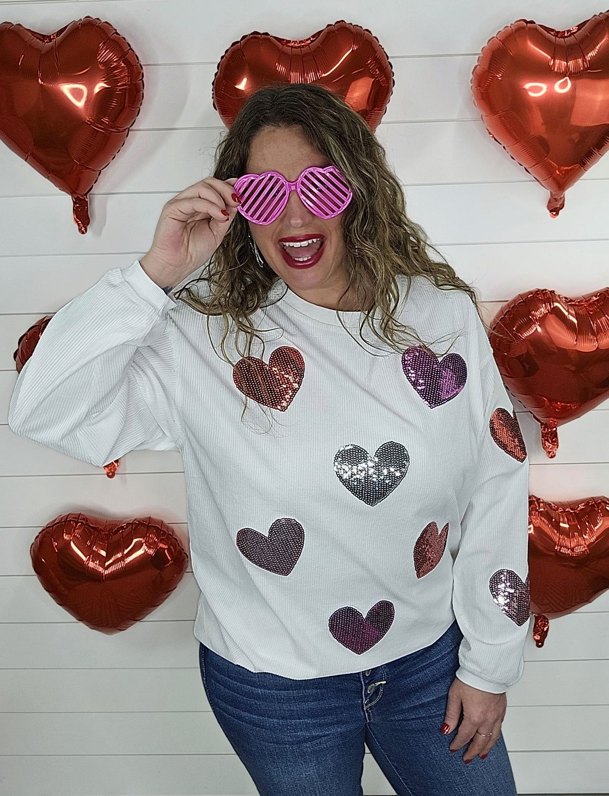 WHITE CORDED PULLOVER W/ SEQUIN HEARTS