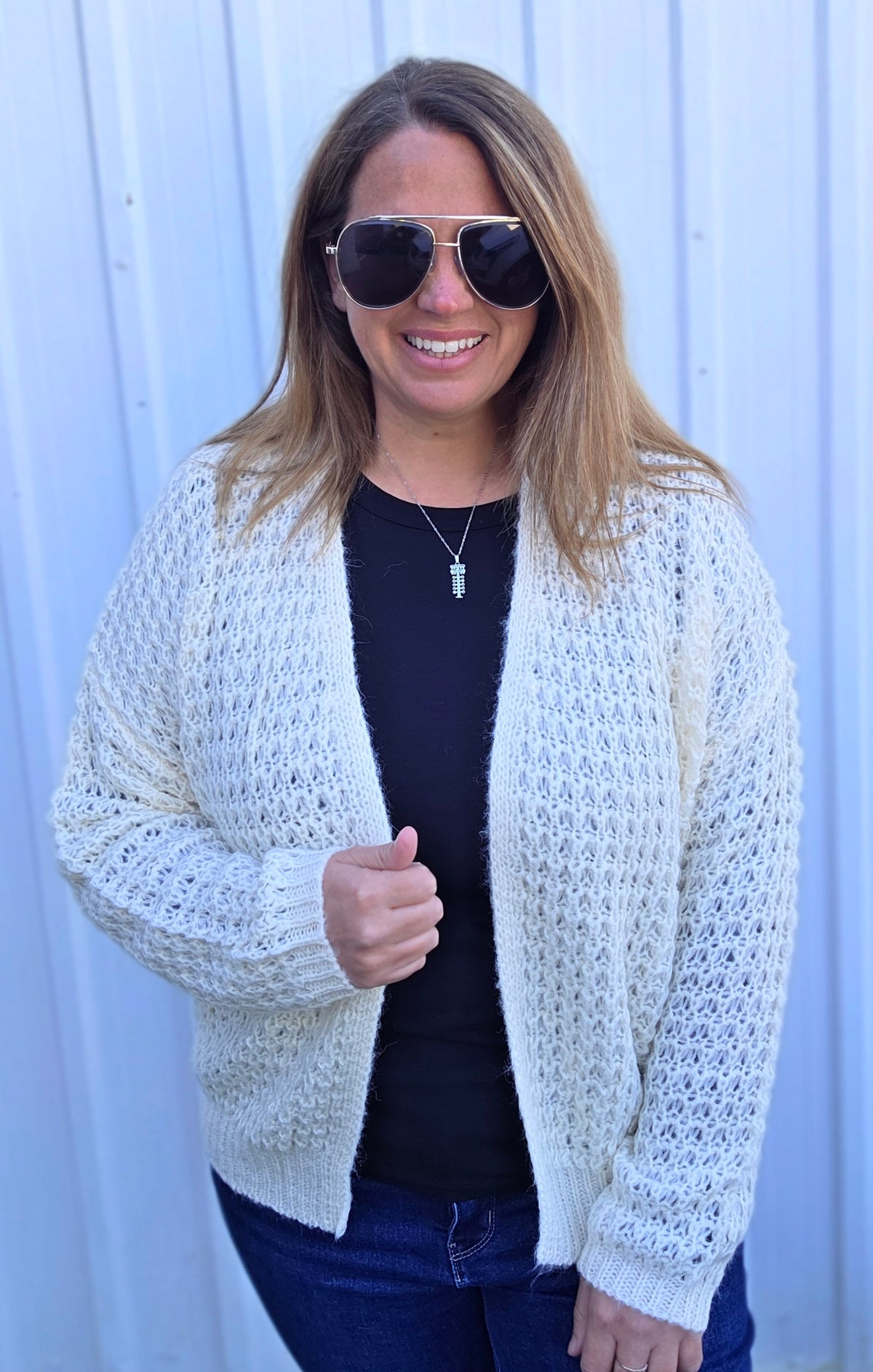Ivory Open Front, Long Sleeve, Open Weave Waffle Textured Cardigan