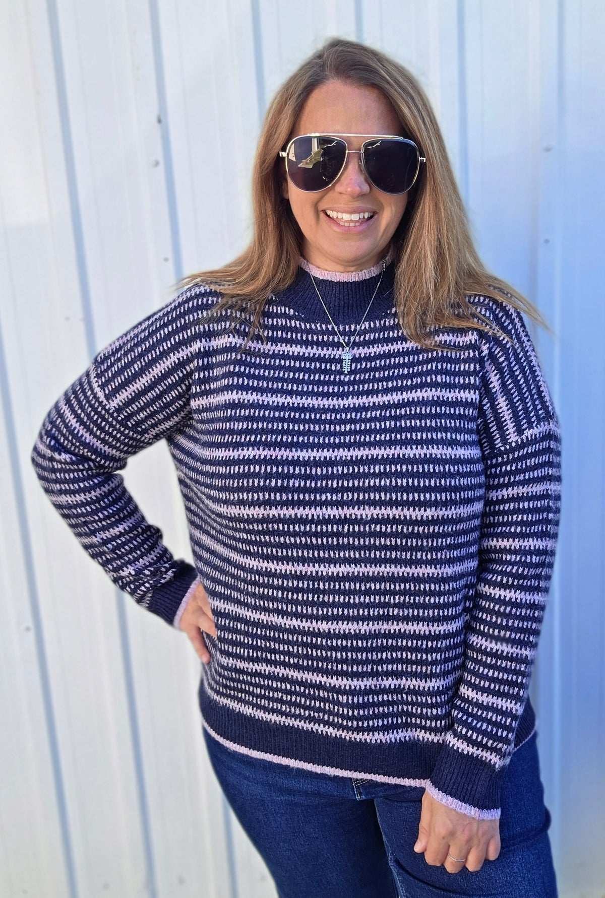NAVY/LAVENDER Texture Striped, Crew Neck, Long Sleeve, Pullover Sweater