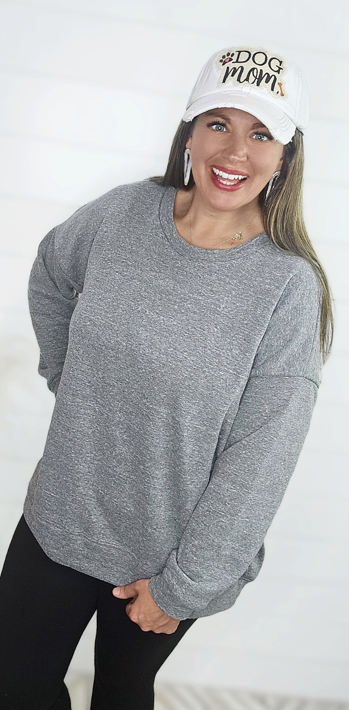 GREY PLUSH OVERSIZED HEATHERED PULLOVER SWEATSHIRT