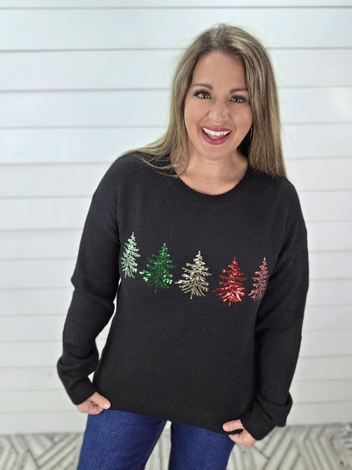 BLACK SEQUIN TREE KNIT SWEATER