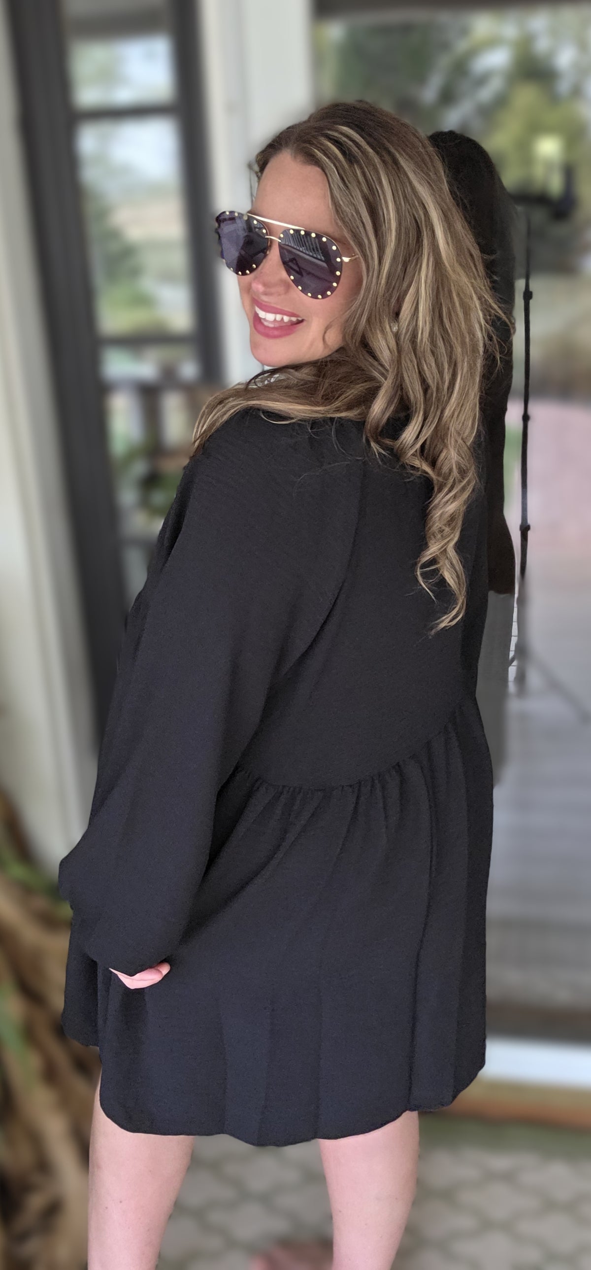 BLACK BABYDOLL KNEE LENGTH TEXTURED DRESS