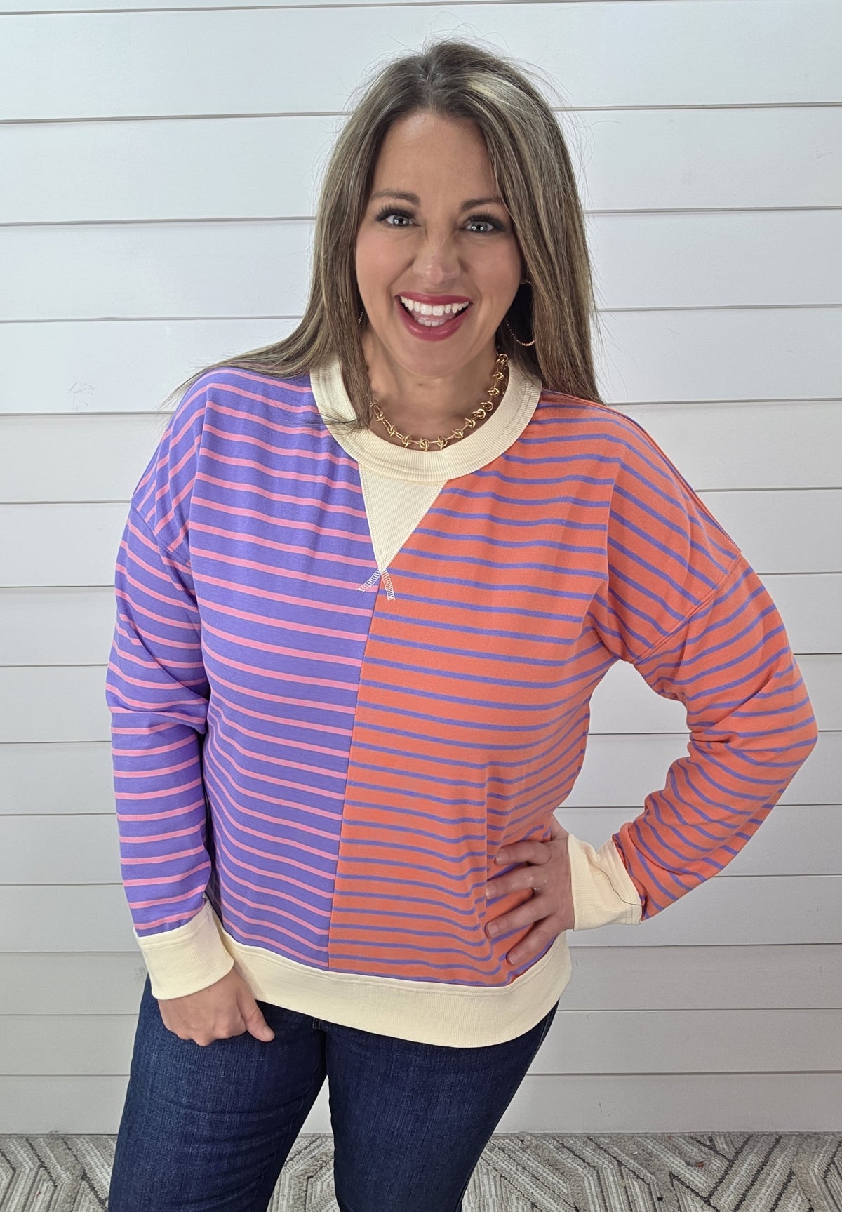 LAVENDER/CORAL STRIPED CONTRAST FRENCH TERRY PULLOVER