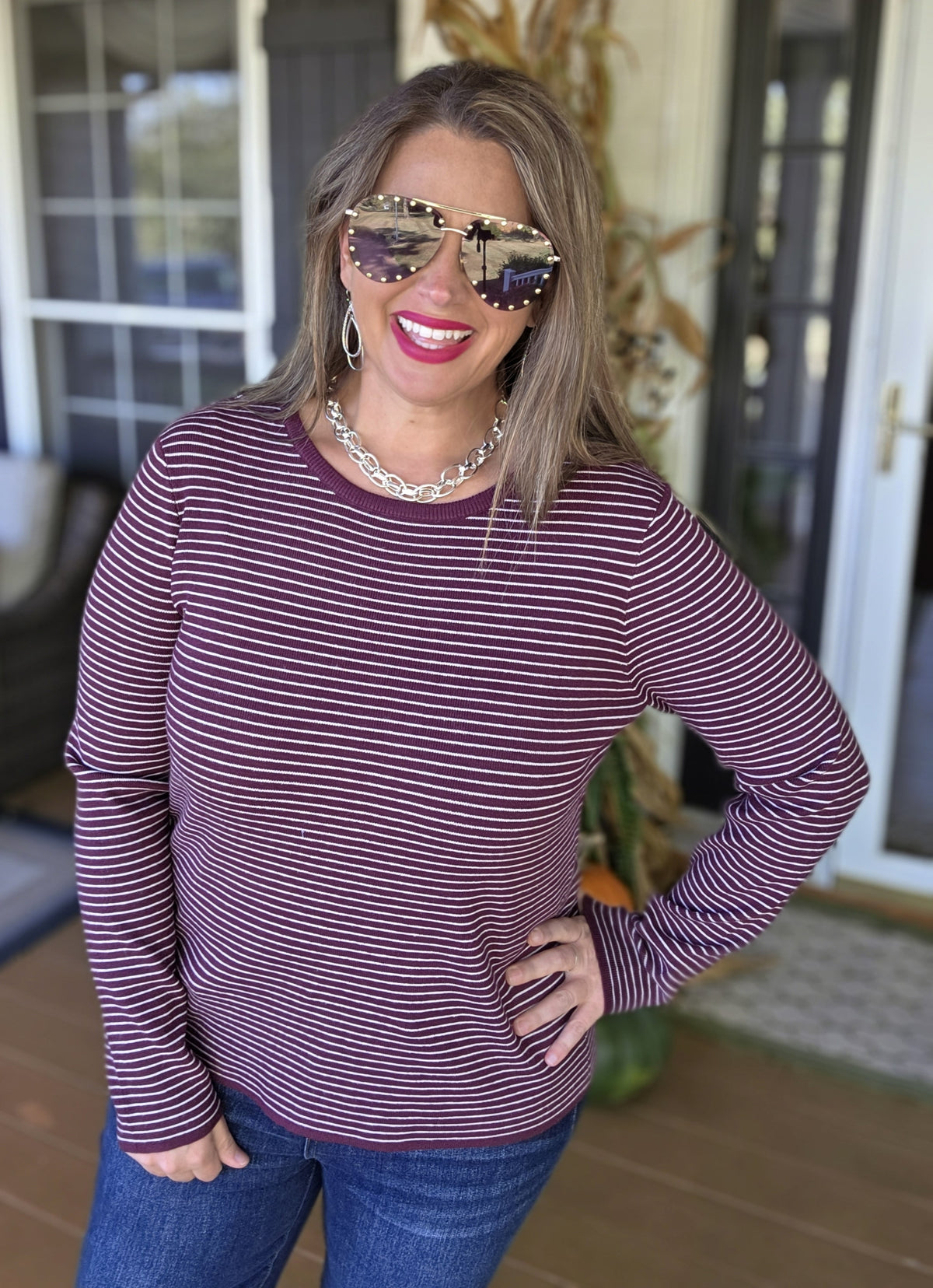 DARK PLUM PINSTRIPED PULLOVER SWEATER