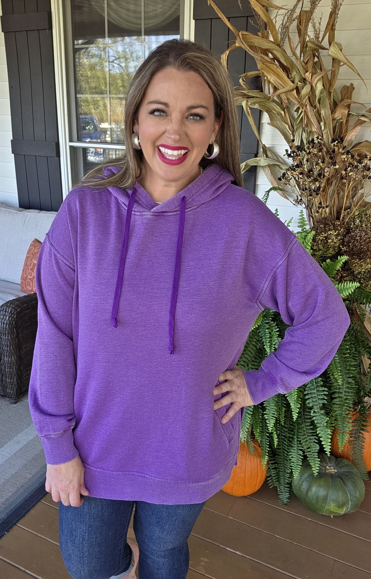 PURPLE MINERAL WASH HOODED PULLOVER W/ POCKETS