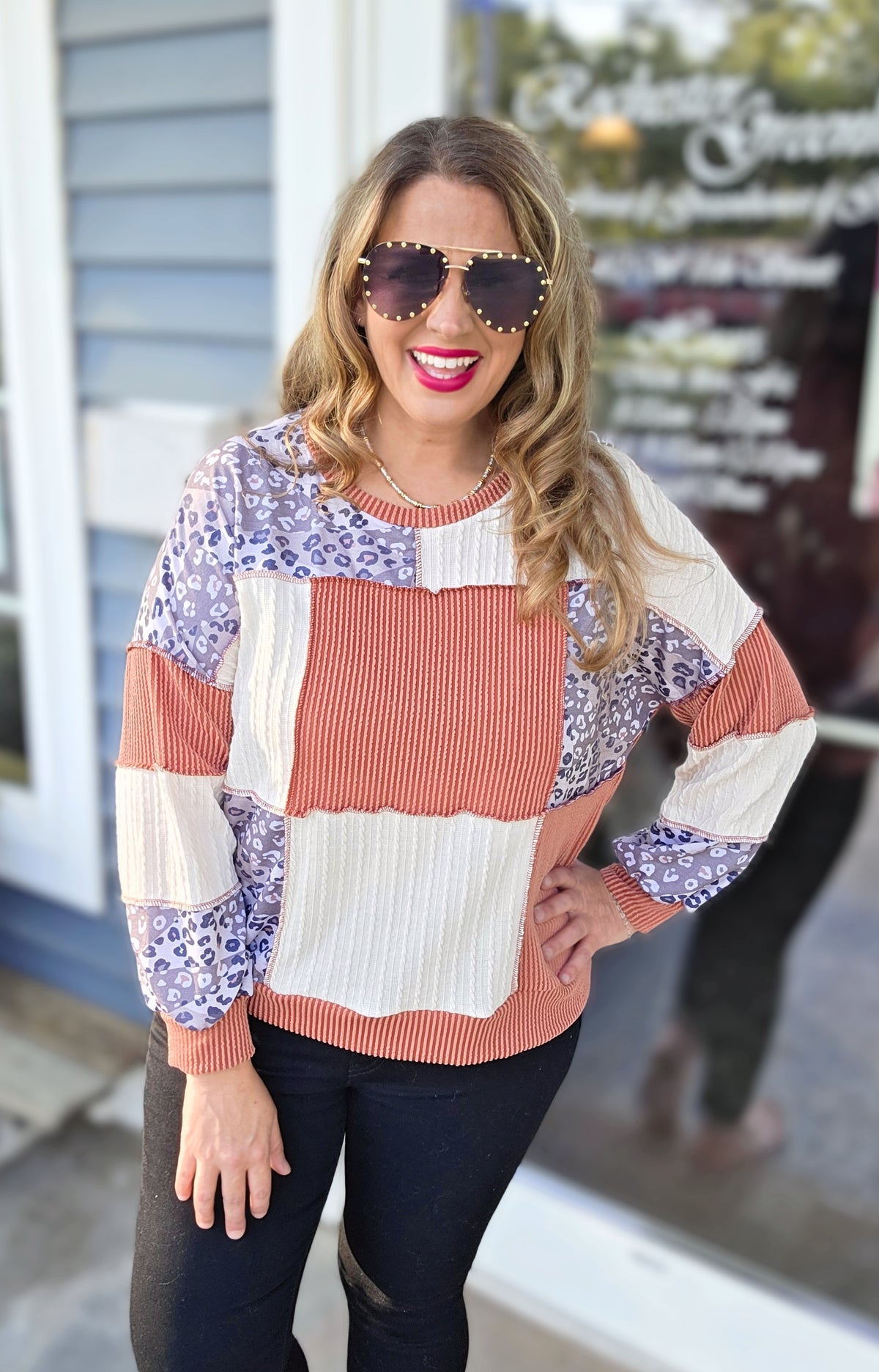 RUST/OATMEAL/ANIMAL CONTRAST PATCHWORK KNIT TOP