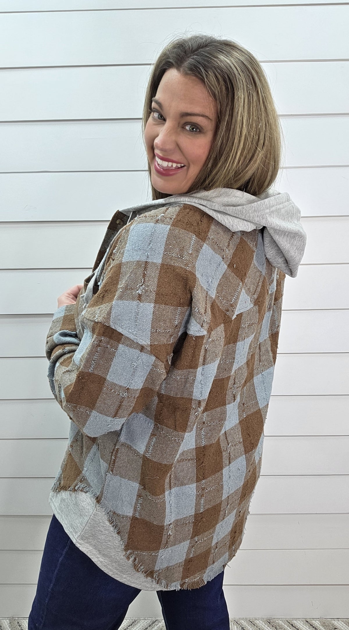 BLUE/MOCHA PLAID BUTTON DOWN HOODED SHACKET
