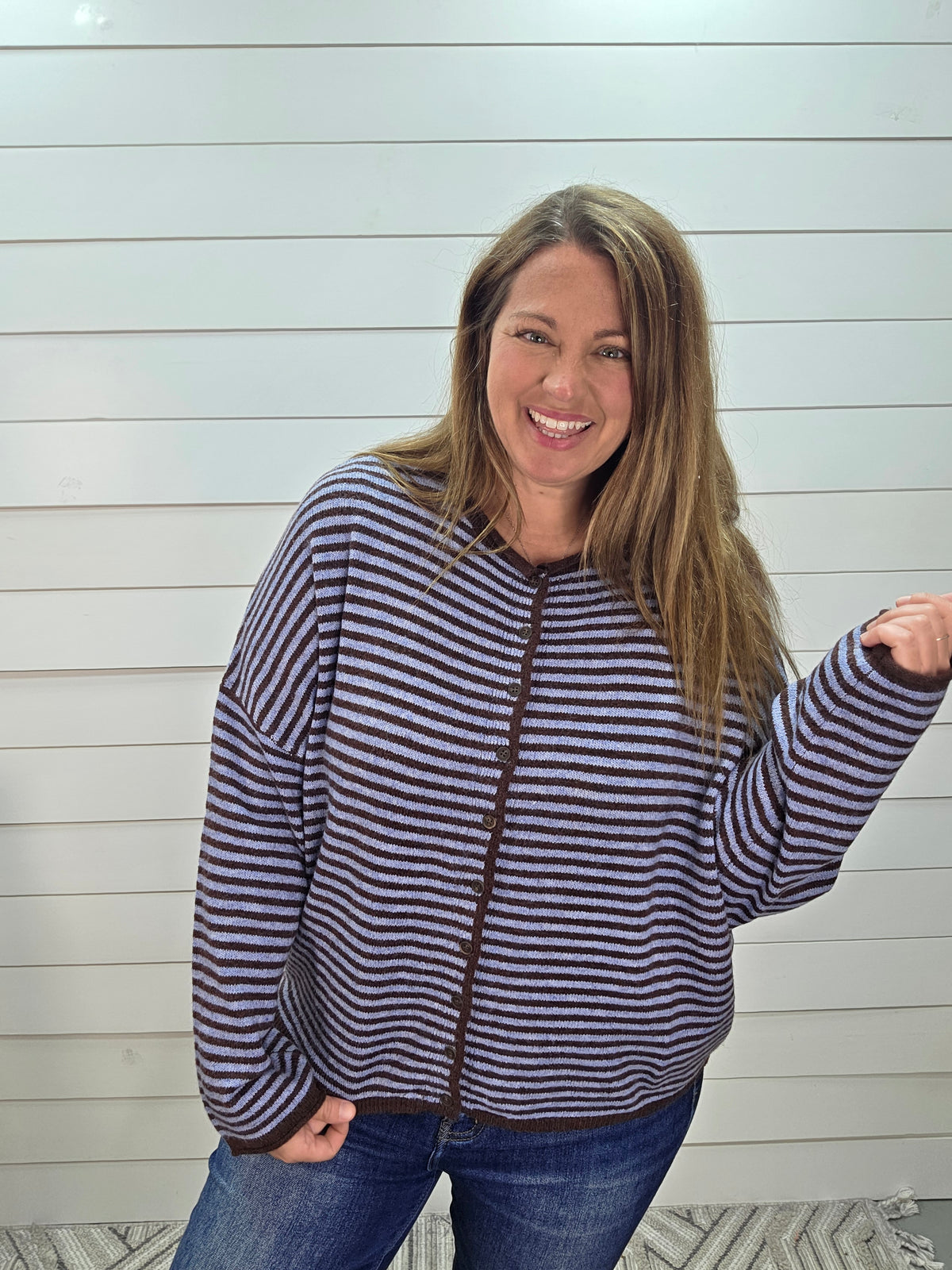 BLUE/BROWN STRIPED FULL BUTTON CARDIGAN/SWEATER