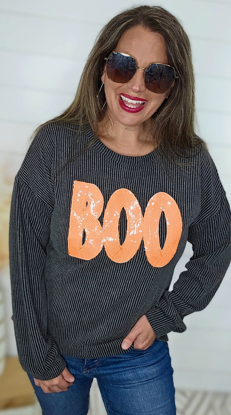 CHARCOAL RAISED RIBBED TOP W/ NEON ORANGE SEQUIN BOO