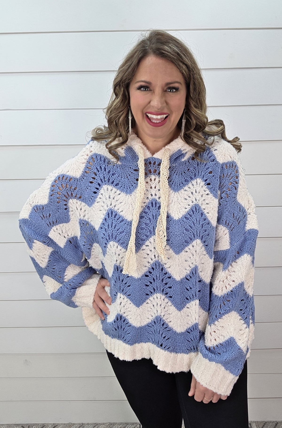 POL IVORY/BLUE OPEN KNIT OVERSIZED SWEATER