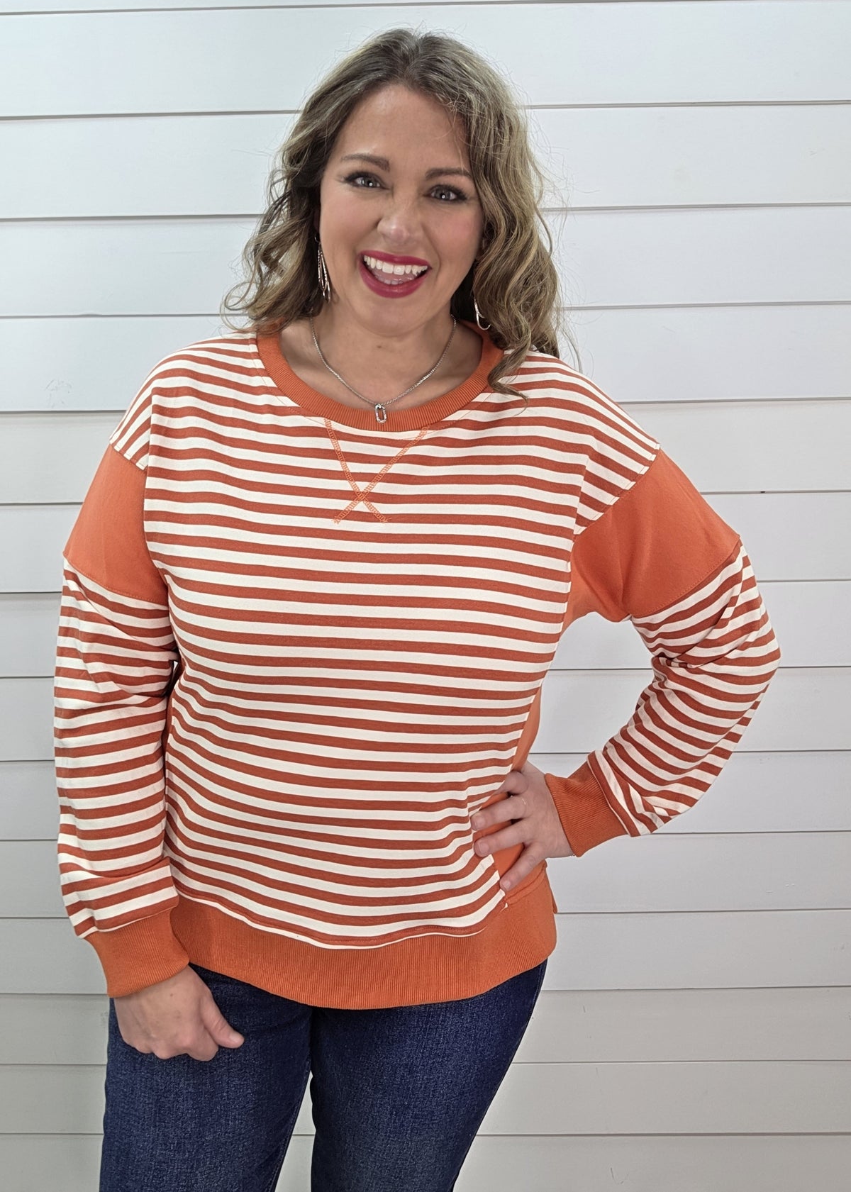 TANGERINE/CREAM STRIPED FRENCH TERRY PULLOVER