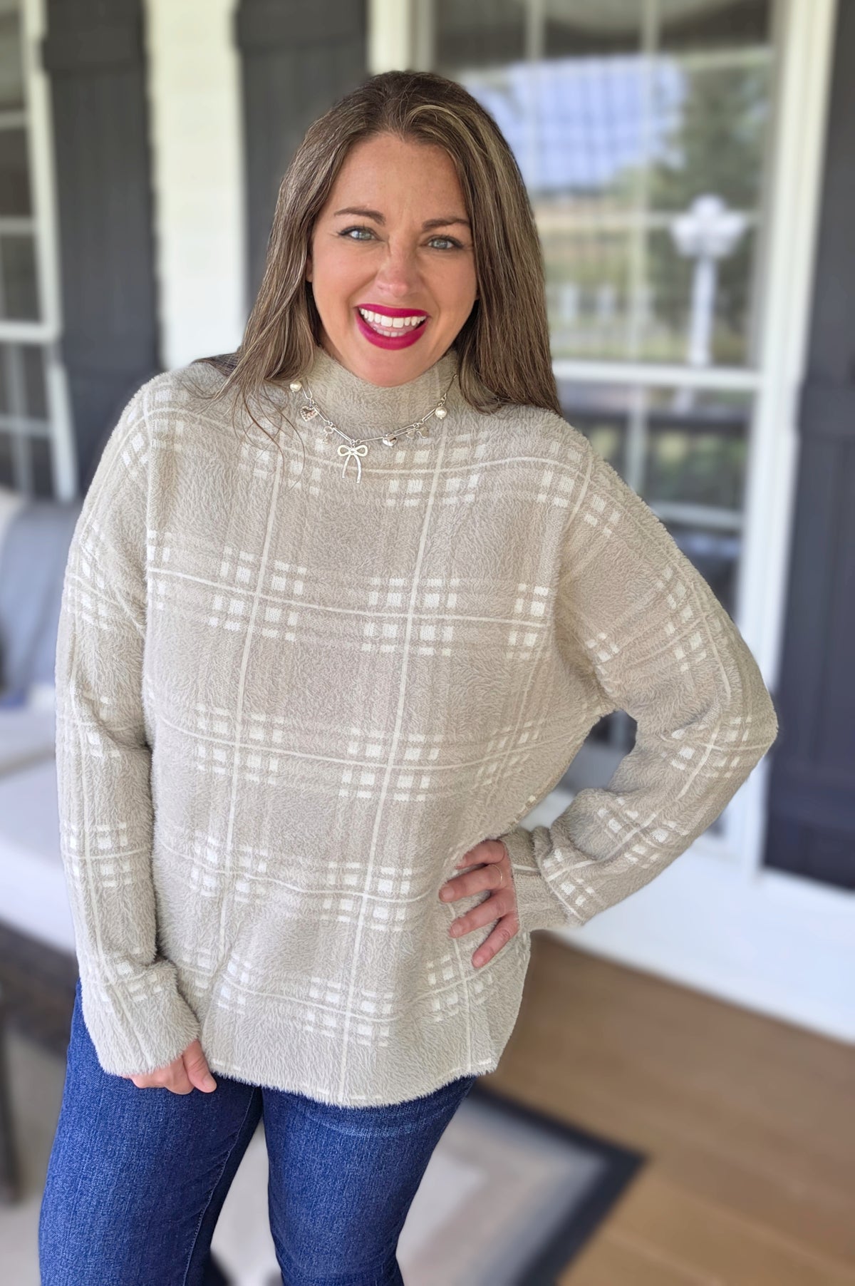 MOCHA/CREAM FUZZY SOFT MOCK NECK CHECK PRINT SWEATER