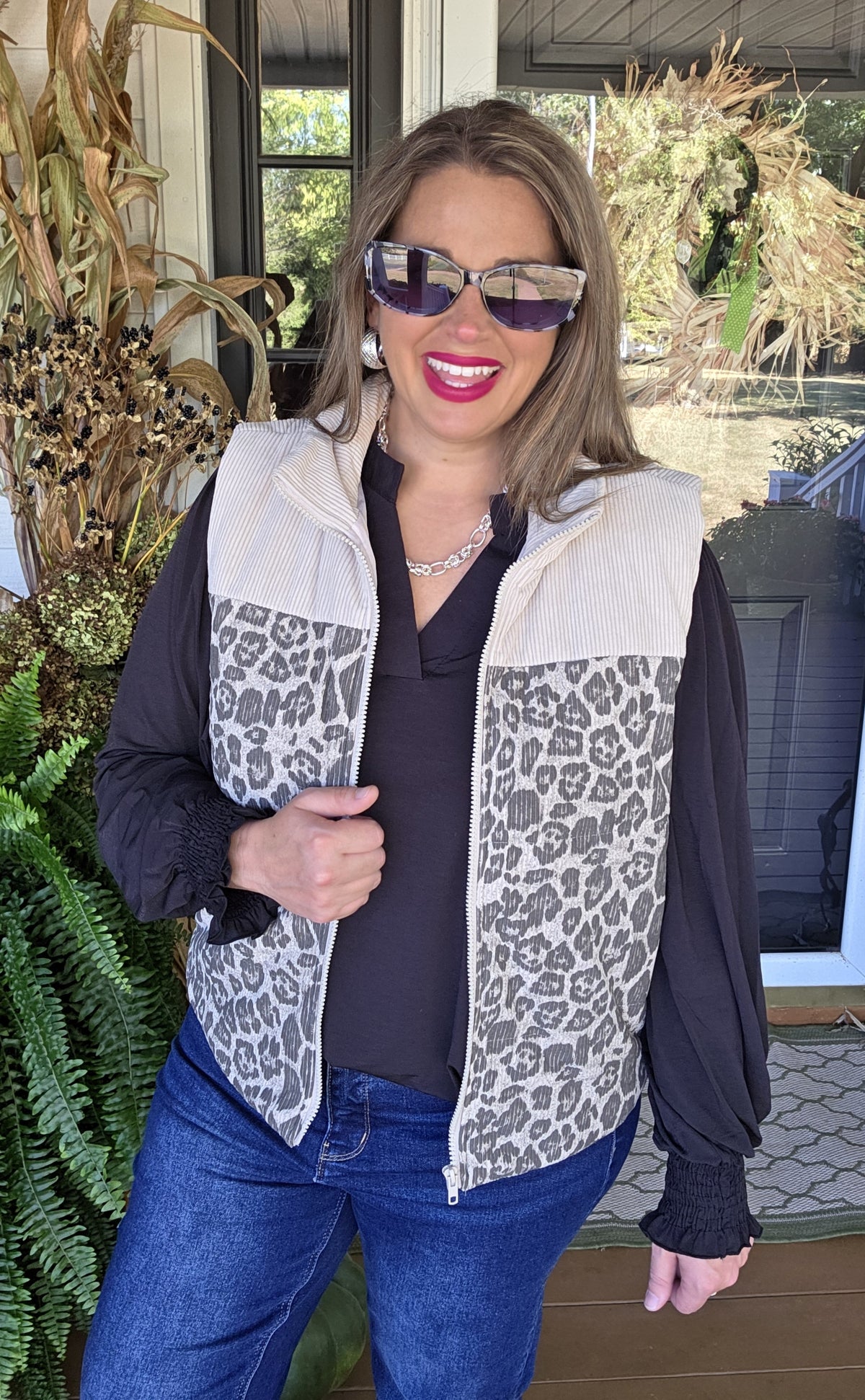 OATMEAL/LEOPARD CORDED CONTRAST VEST