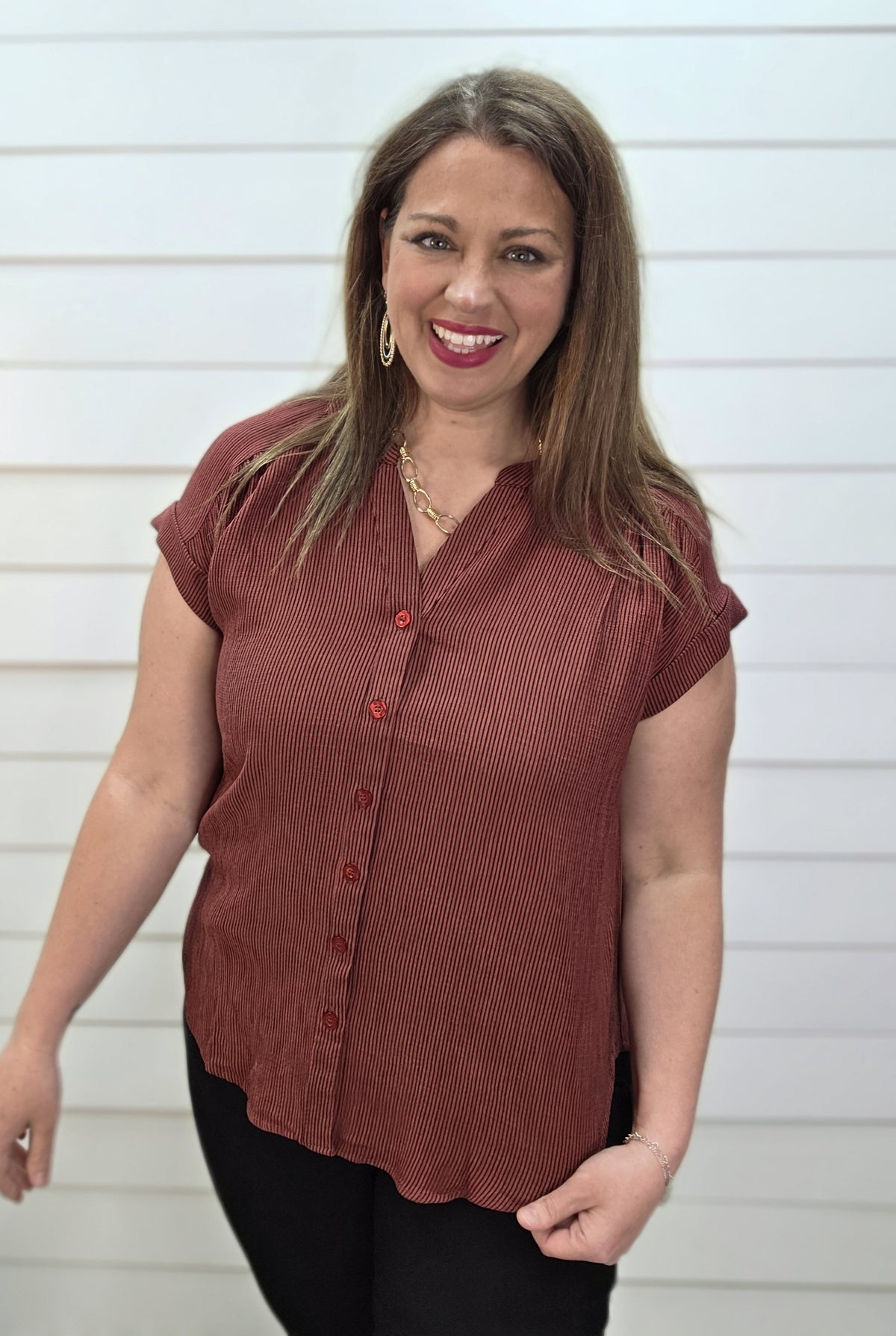 BURGUNDY PIN STRIPED BUTTON DOWN WOVEN TOP