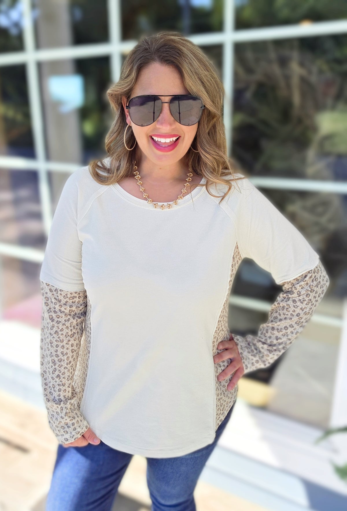 CREAM/ANIMAL CONTRAST KNIT TOP