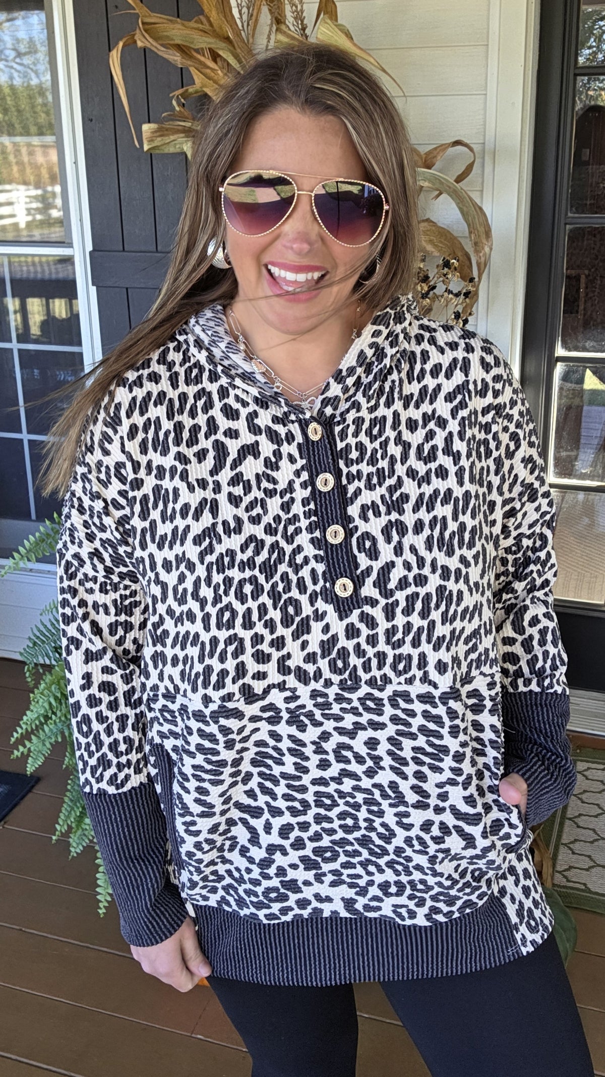 ANIMAL PRINT RAISED RIBBED OVERSIZED HOODIE WITH KANGAROO POCKET