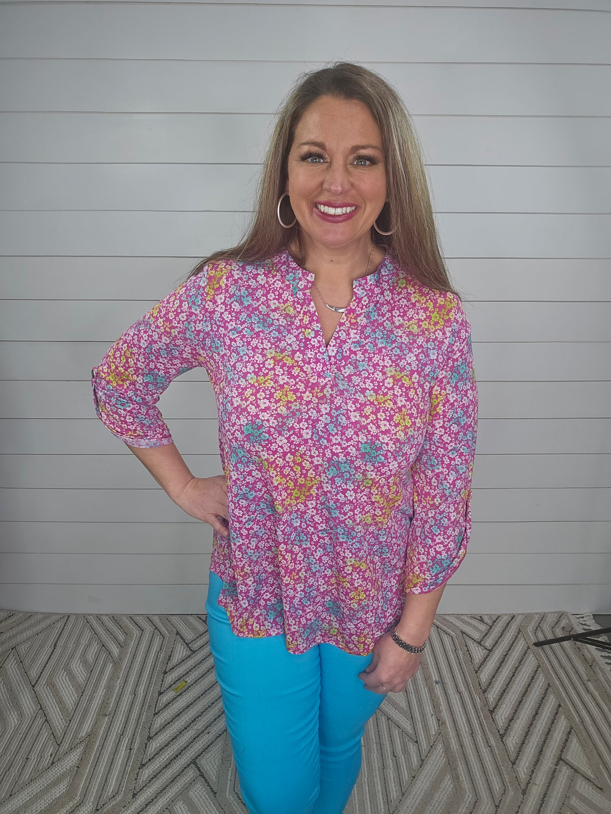 PINK FLORAL POPS OF COLOR LIZZY TOP