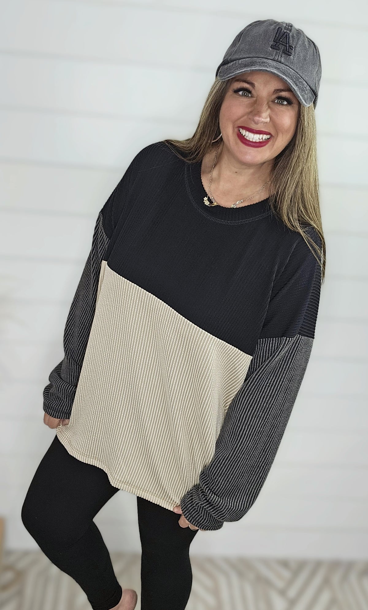 BLACK COLORBLOCK OVERSIZED RAISED RIBBED TOP