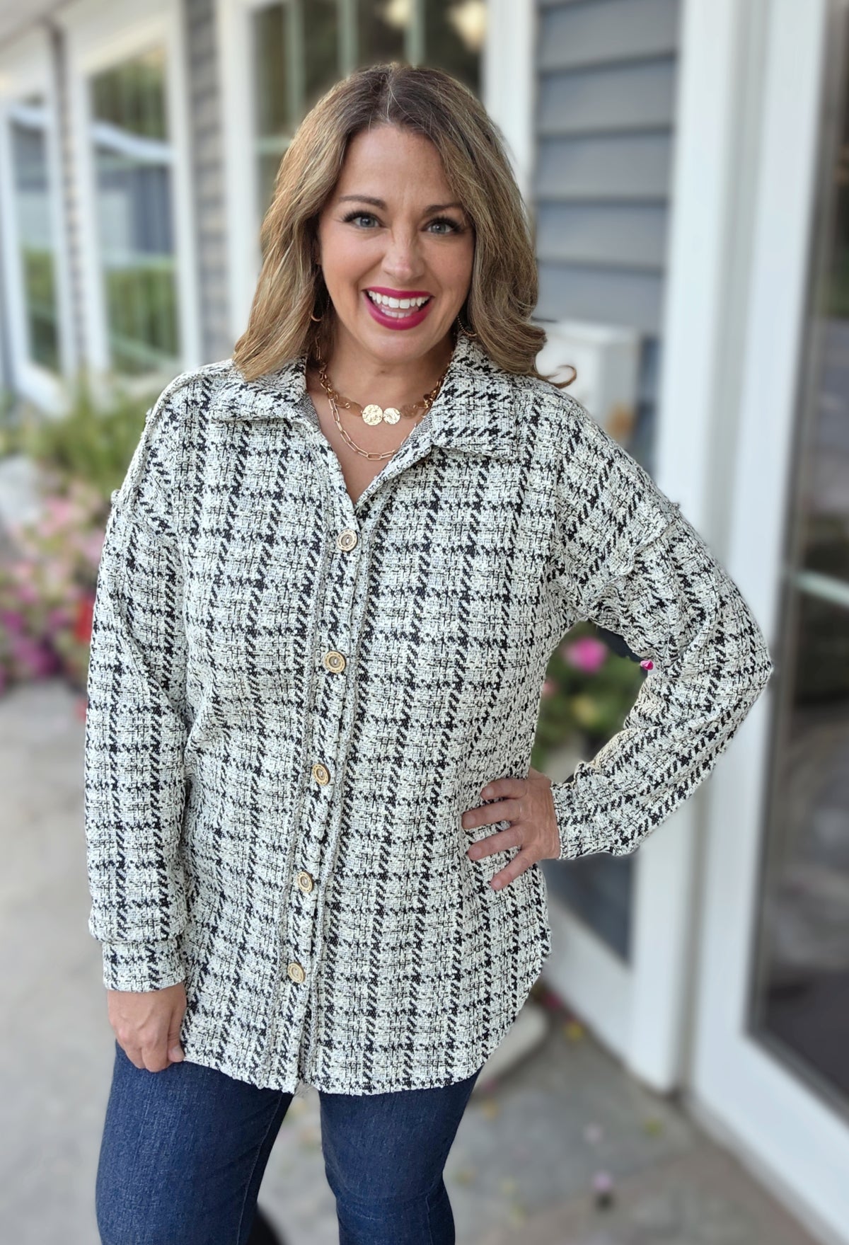 BLACK/CREAM GLITZ FULL BUTTON DOWN TWEED TOP