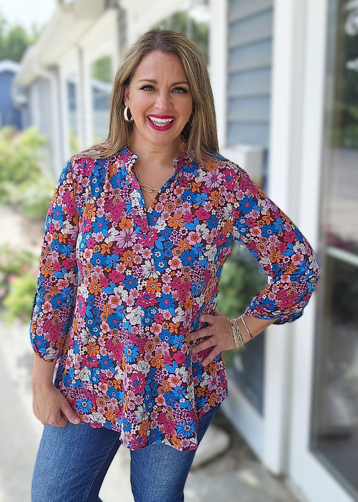 DEAR SCARLETT CHOCOLATE/MULTI FLORAL LIZZY TOP