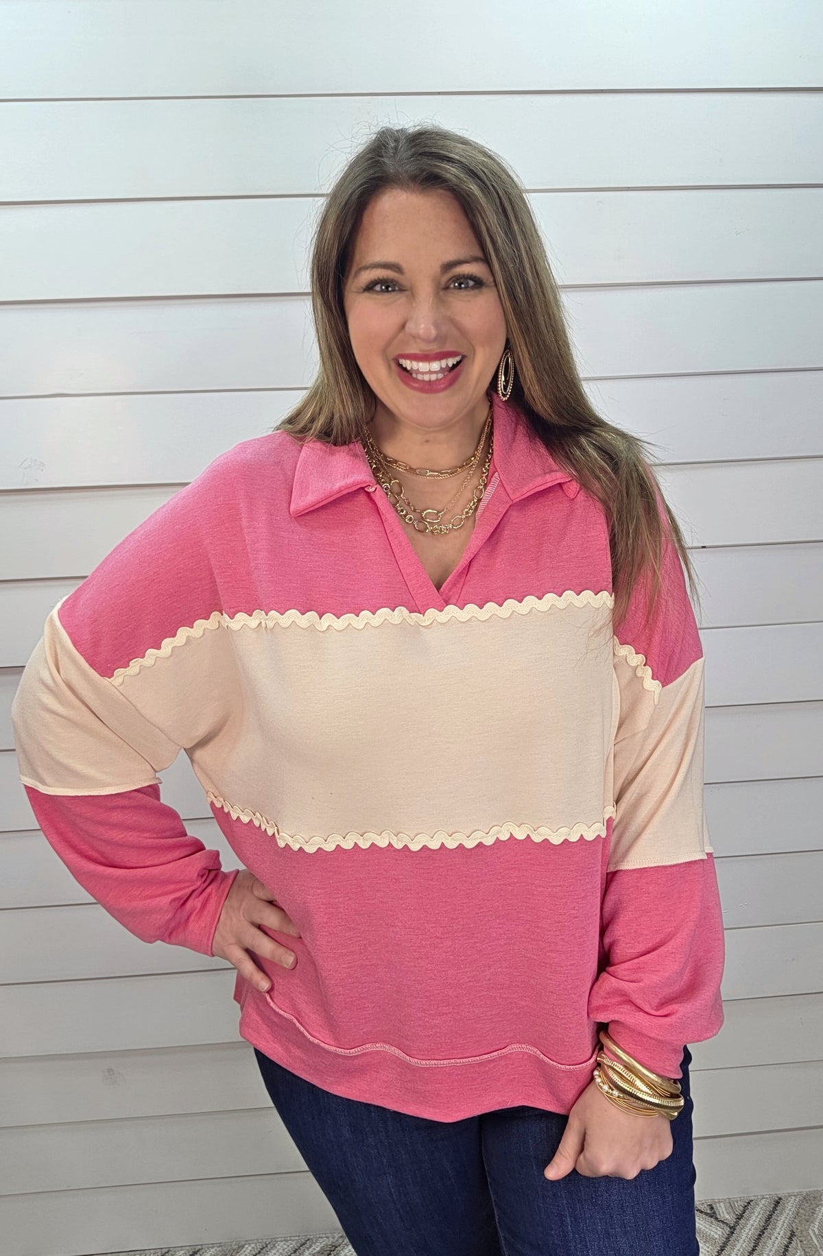 PINK COLORBLOCK LIGHT WEIGHT FRENCH TERRY TOP W/ RIC RAC TRIM