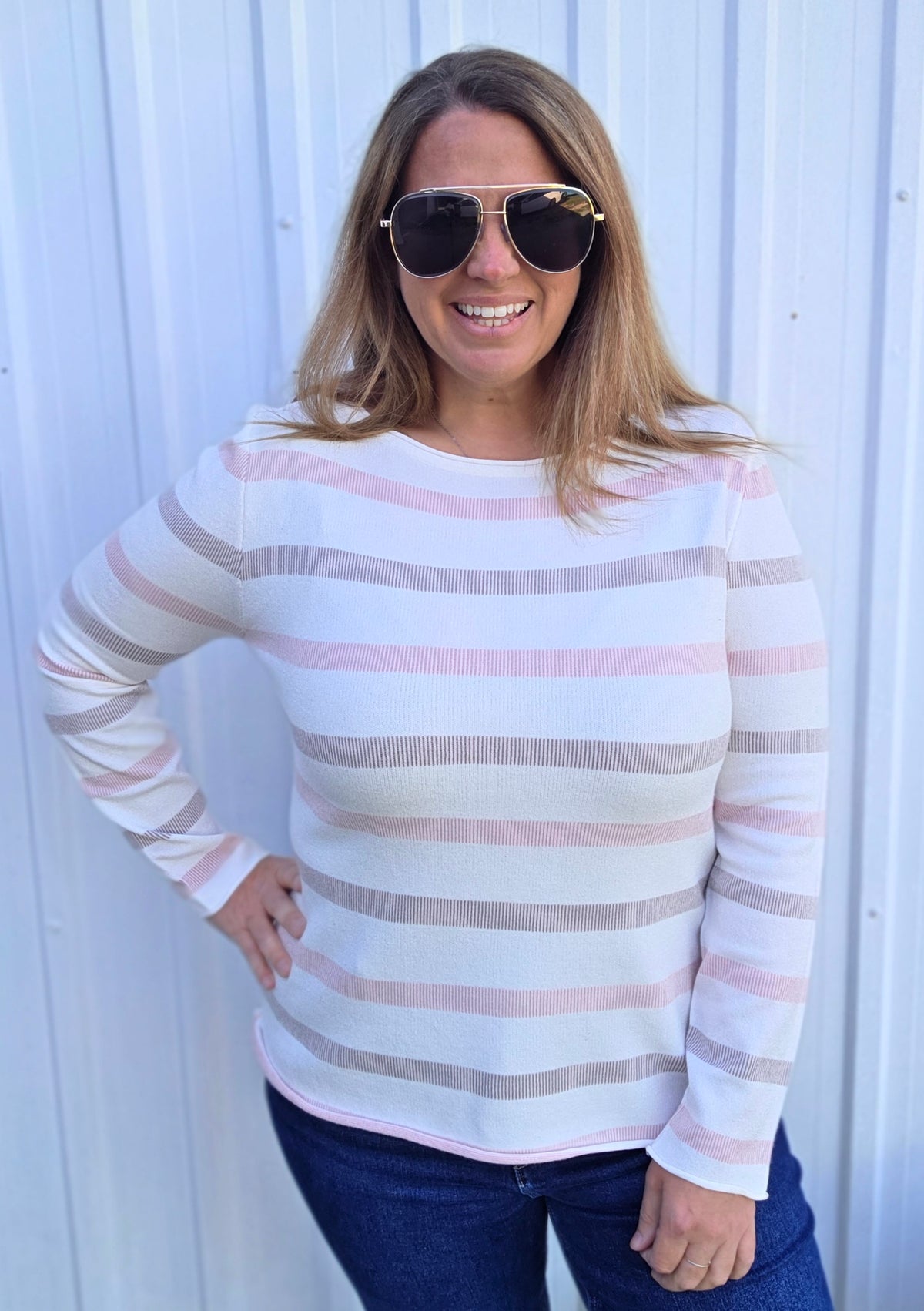 Pink/Mocha Texture Striped, Wide Crew Neck, Long Sleeve Soft Sweater