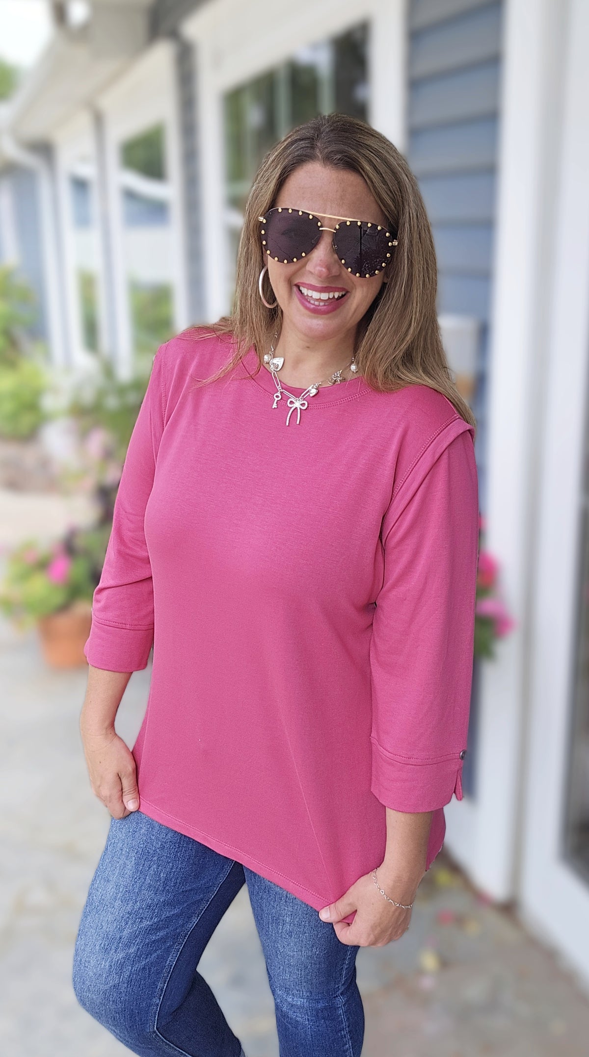 BERRY 3/4 SLEEVE KNIT TOP W/ BUTTON SLEEVE DETAIL