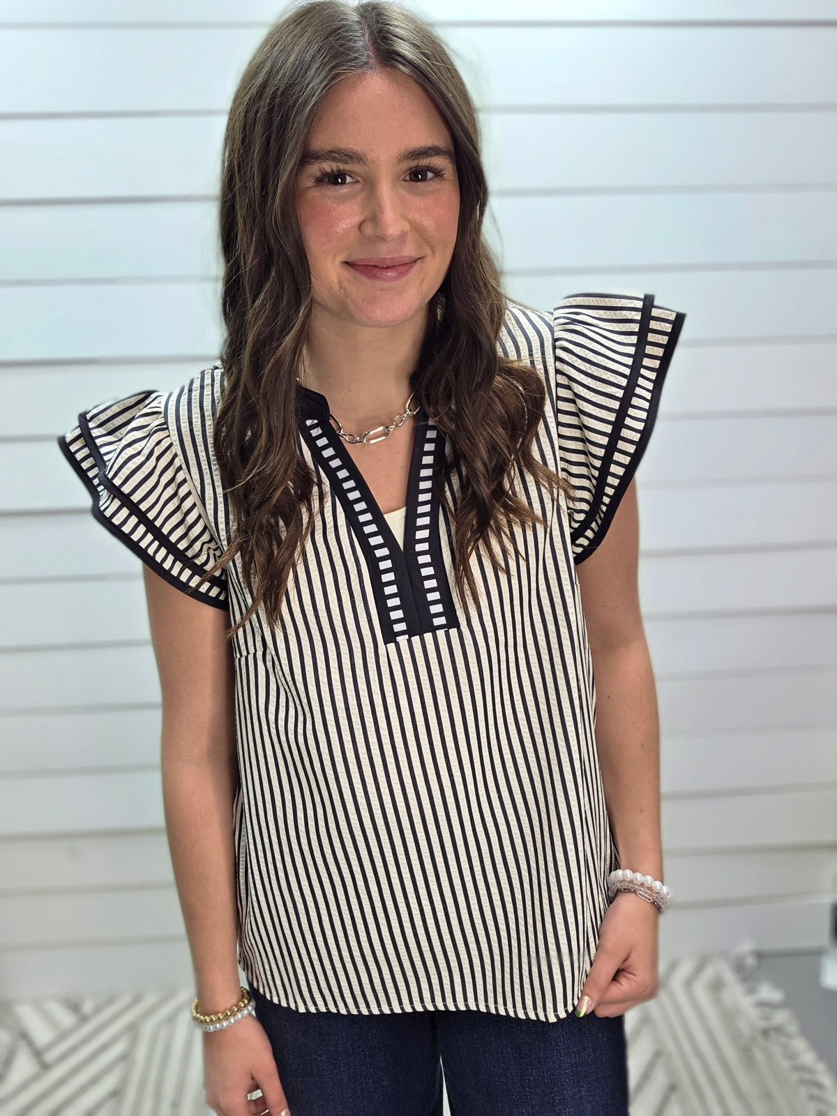 BLACK STRIPED V NECK RUFFLE SLEEVE WOVEN TOP