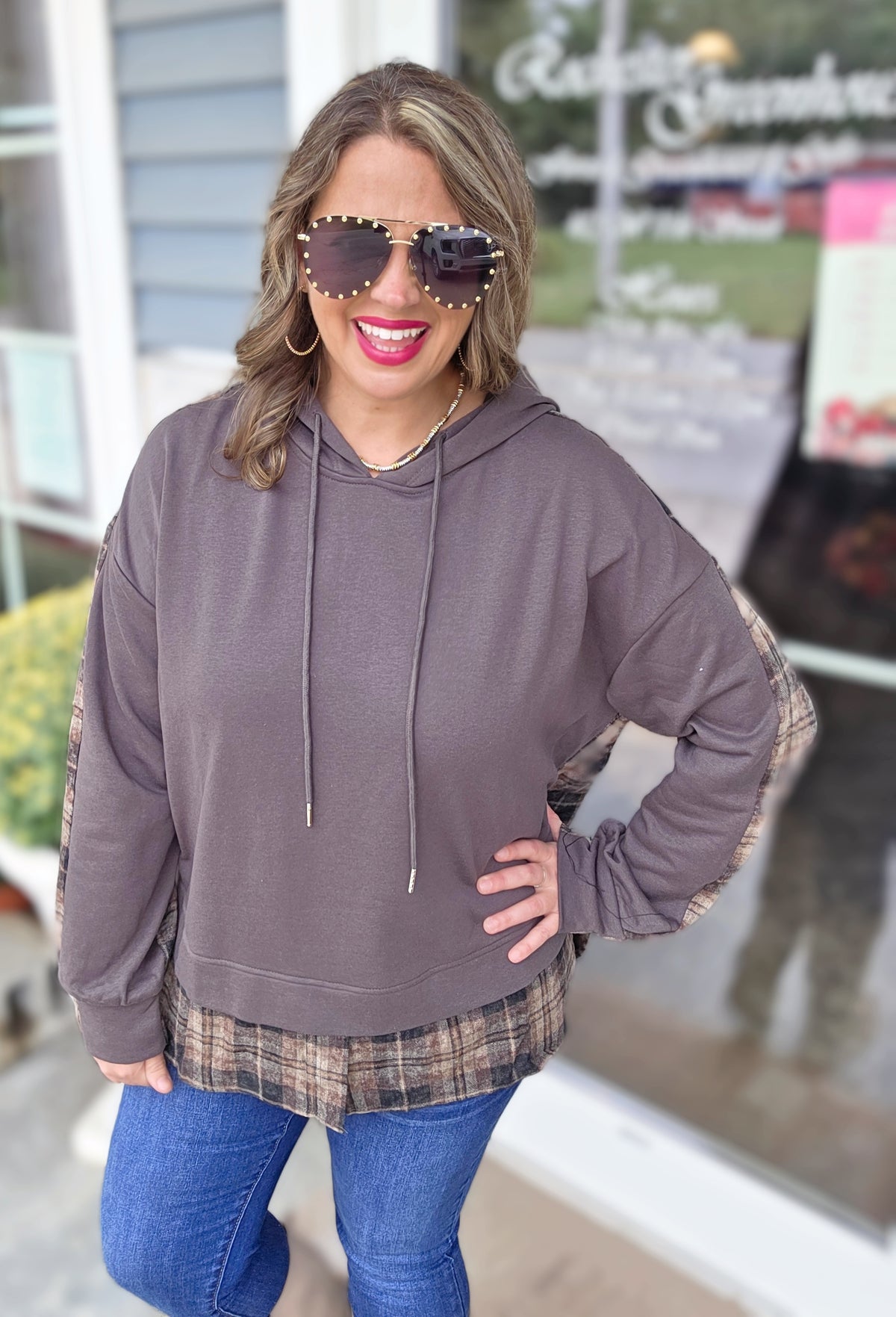 CHARCOAL/BROWN PLAID CONTRAST FRENCH TERRY HOODIE