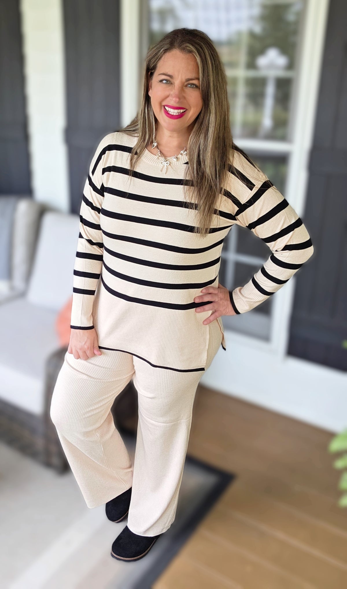 STRIPED LIGHT WEIGHT SWEATER SET - 3 COLORS