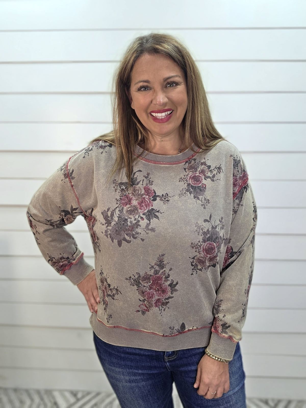 ASH FLORAL CREW NECK LONG SLEEVE TOP W/ PURPLE STITCHING