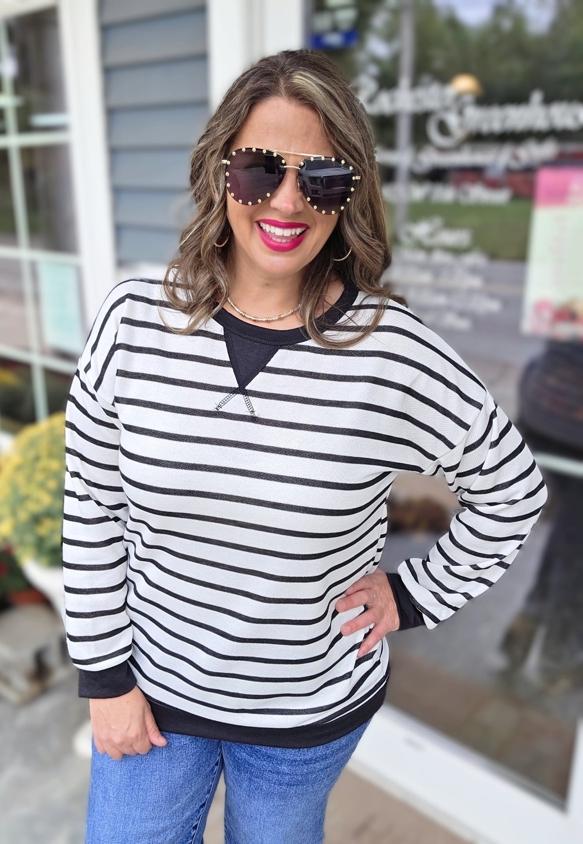 OFF WHITE/BLACK STRIPED FRENCH TERRY KNIT TOP