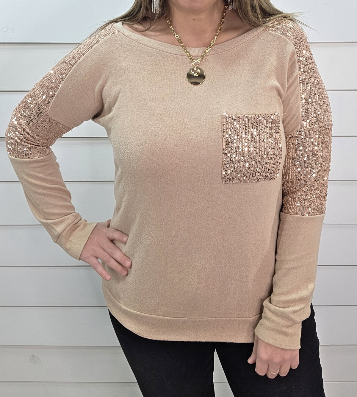 CHAMPAIGN BRUSHED KNIT SEQUIN KNIT TOP