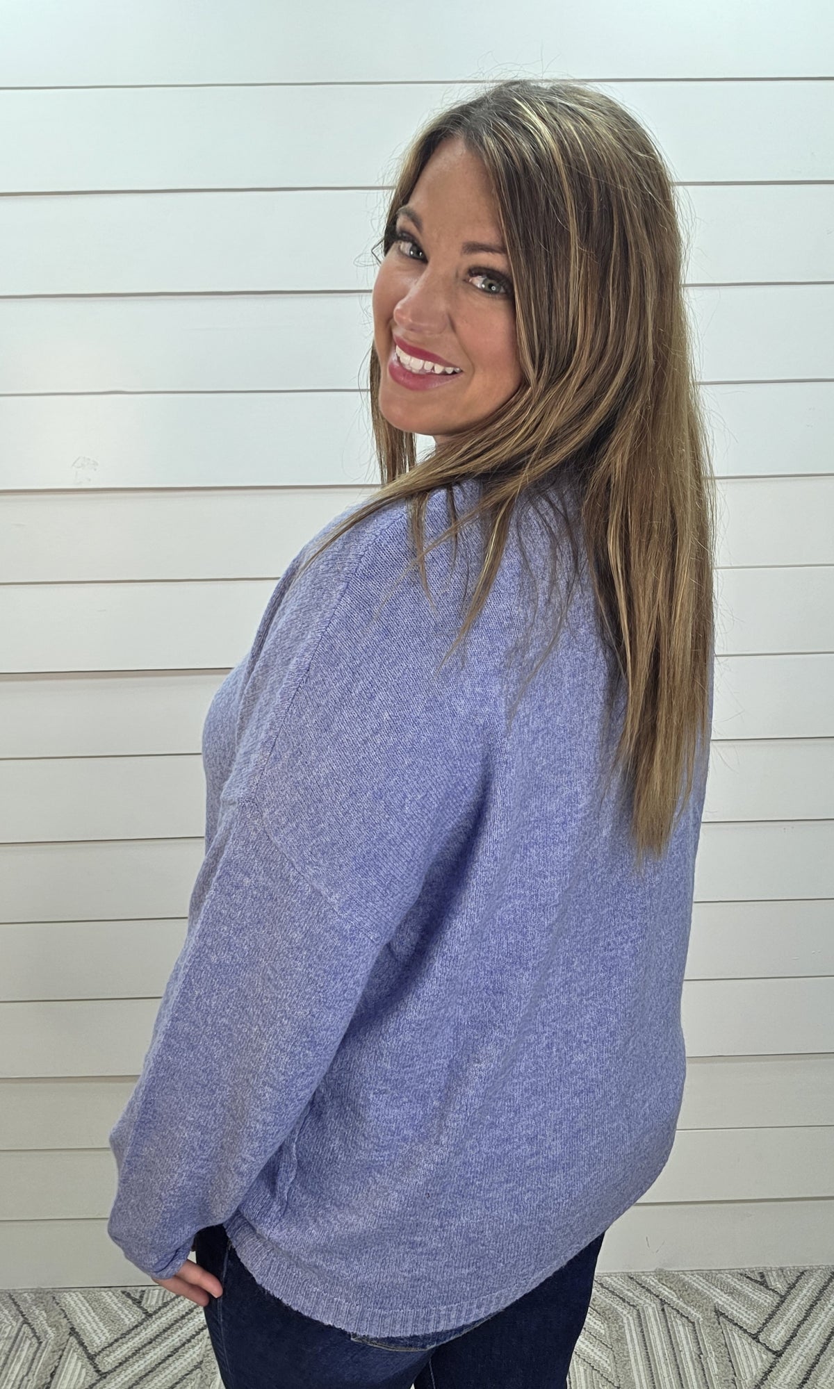 DENIM Raw Rolled Edge Henley Relaxed Pullover Sweater