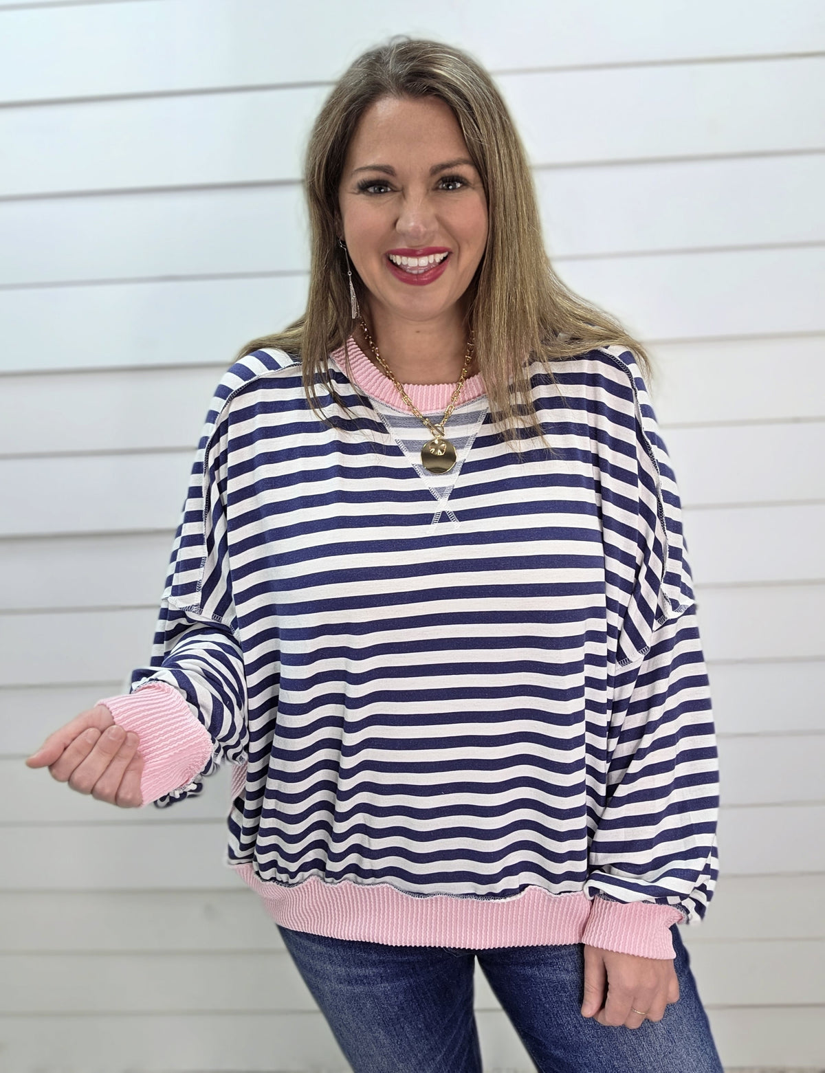 NAVY STRIPED OVERSIZED TOP W/ PINK RAISED RIBBED TRIM