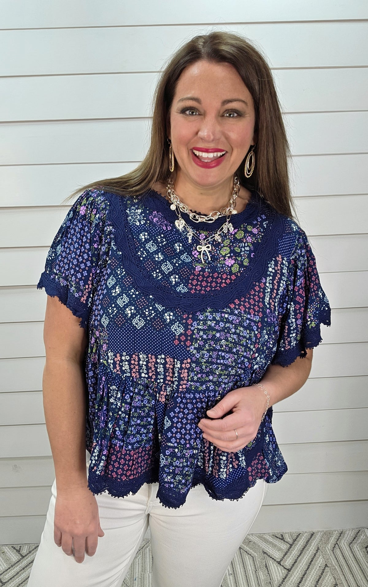 NAVY PATCHWORK FLORAL/LACE TRIM WOVEN TOP