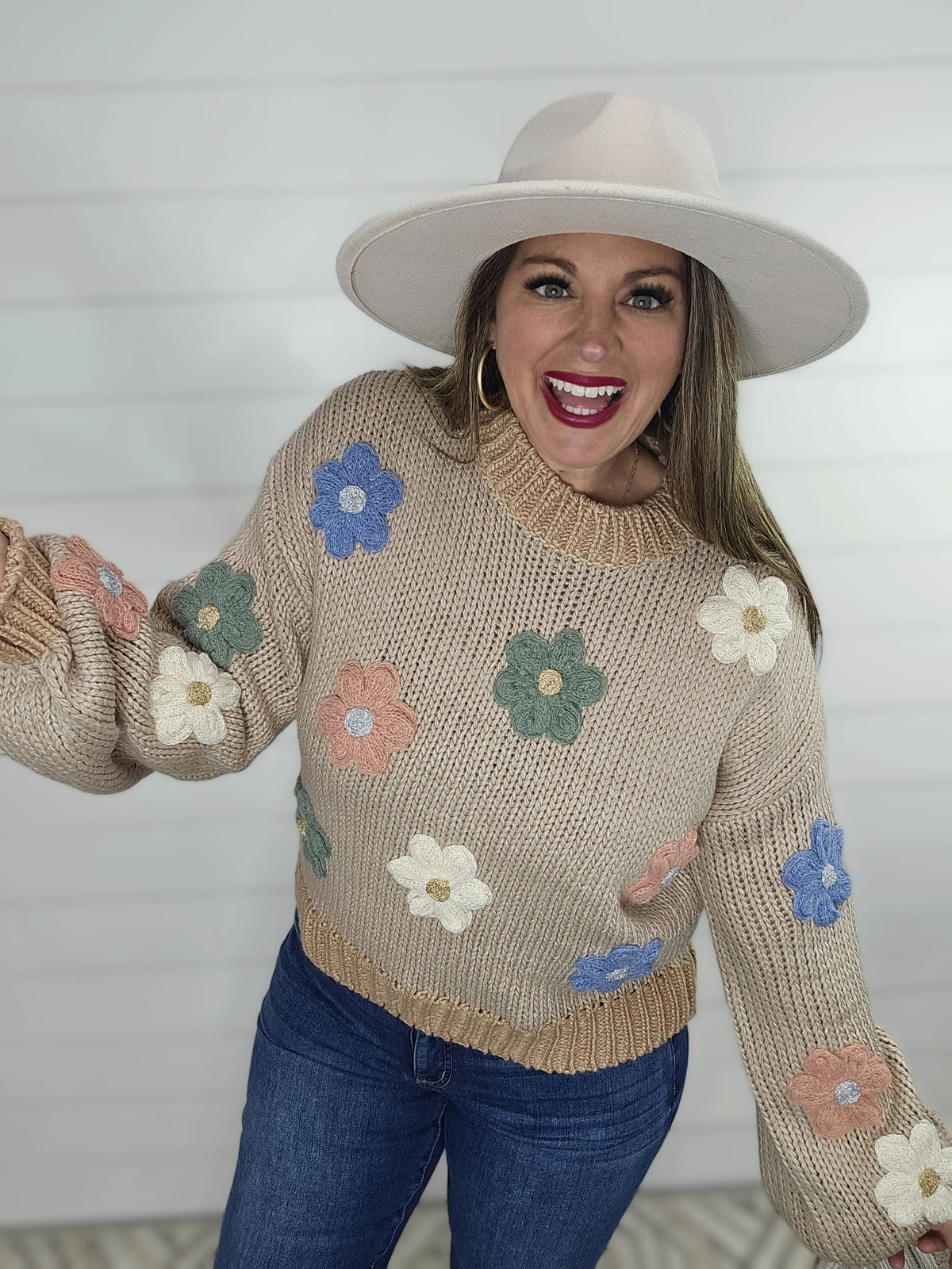 TAUPE FLORAL KNIT SWEATER W/ METALLIC CENTERS