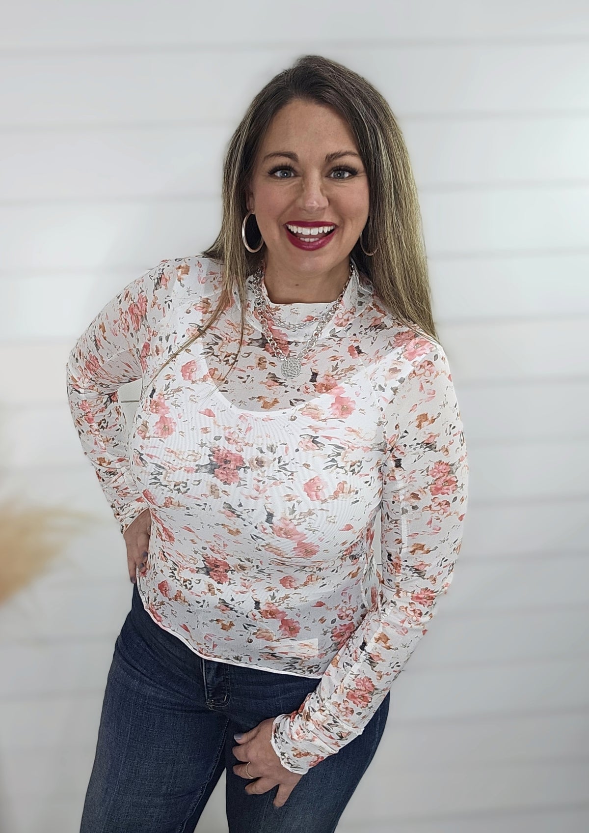 PINK FLORAL LONG SLEEVE MESH TOP