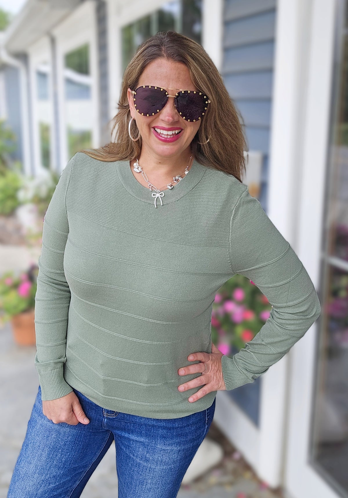 DARK SAGE PINTUCKED SUPER SOFT LIGHT WEIGHT SWEATER