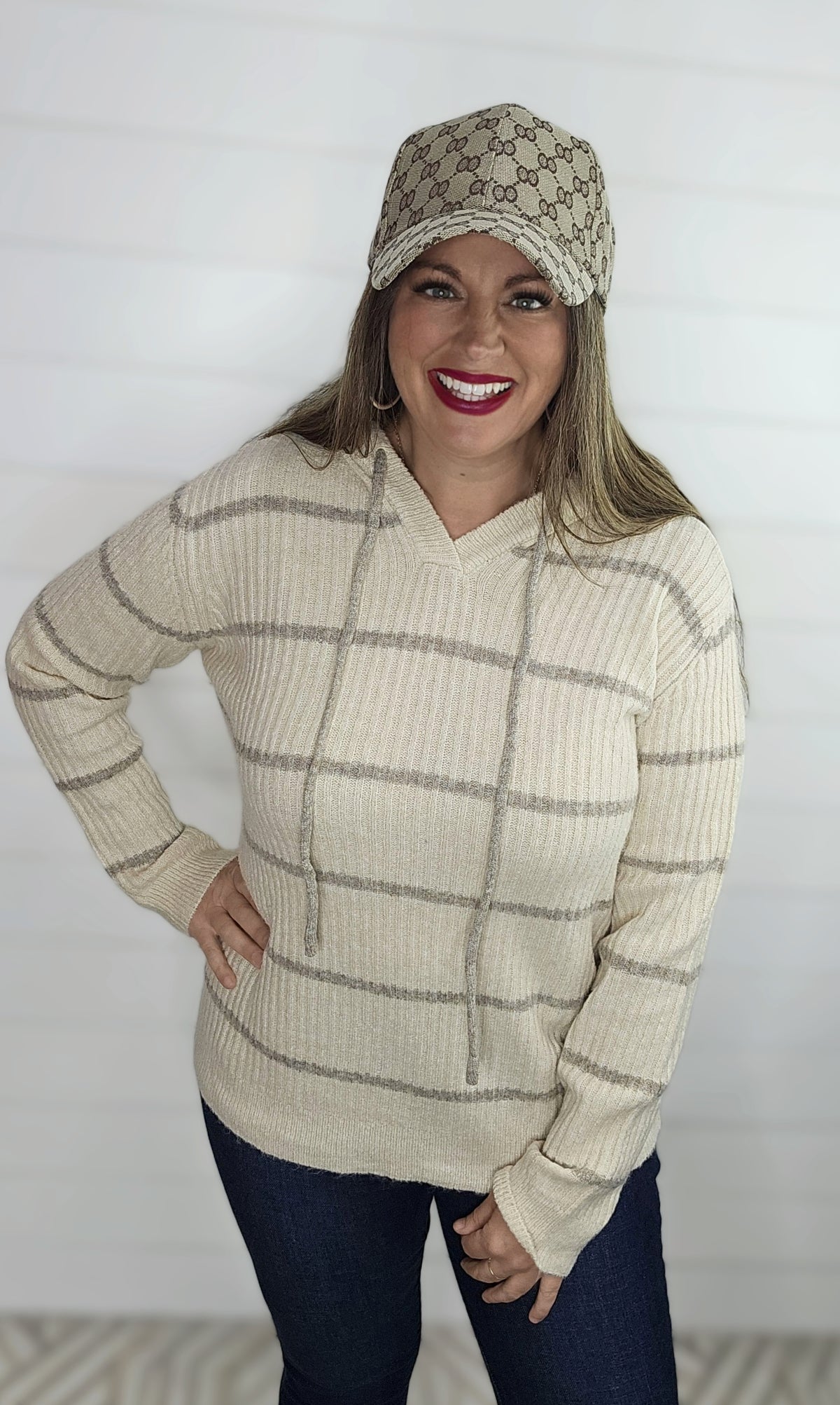 OATMEAL HOODED RIBBED STRIPED SWEATER PULLOVER