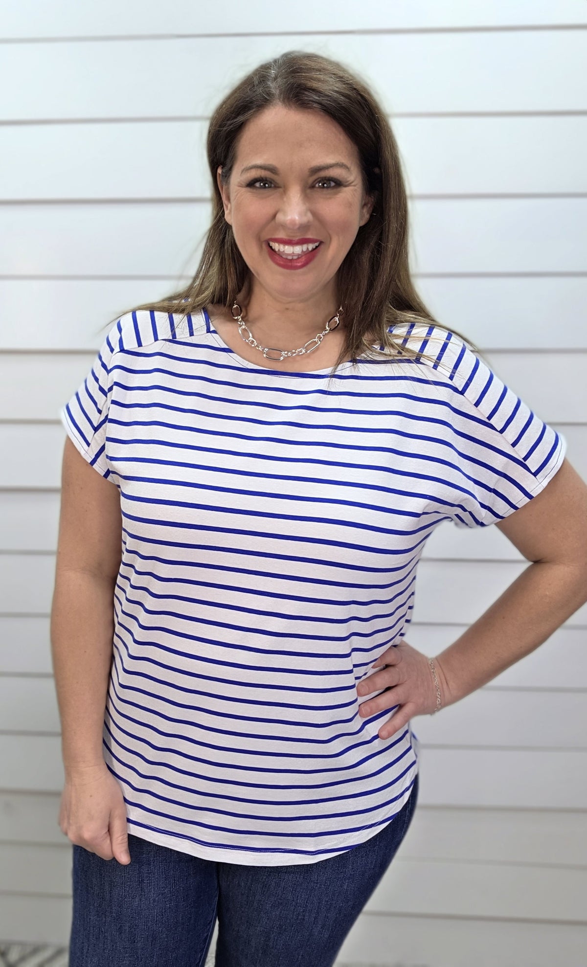 BLUE/WHITE STRIPED BOAT NECK KNIT TOP